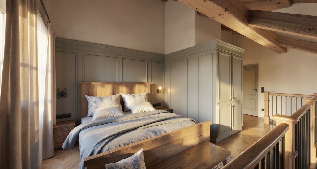 Gemütliches Schlafzimmer mit Holzbalken und einem großen, einladenden Bett unter Tageslicht